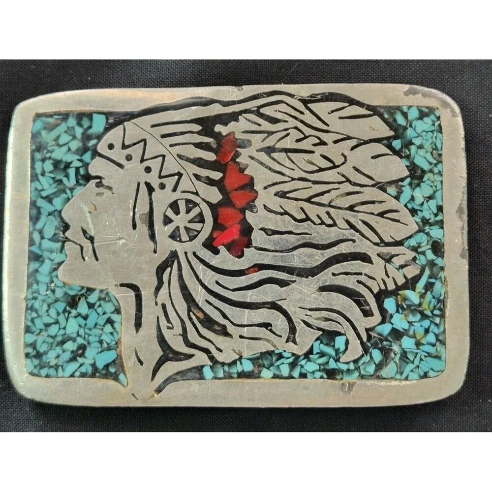 Vtg Rare Mid Century Native American Chief Belt Buckle Silver Toned Turquoise